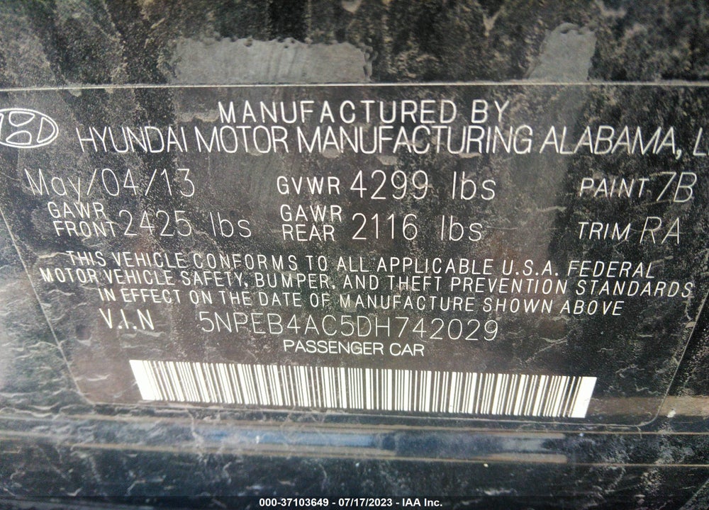 2013 HYUNDAI SONATA VIN: 5NPEB4AC5DH742029