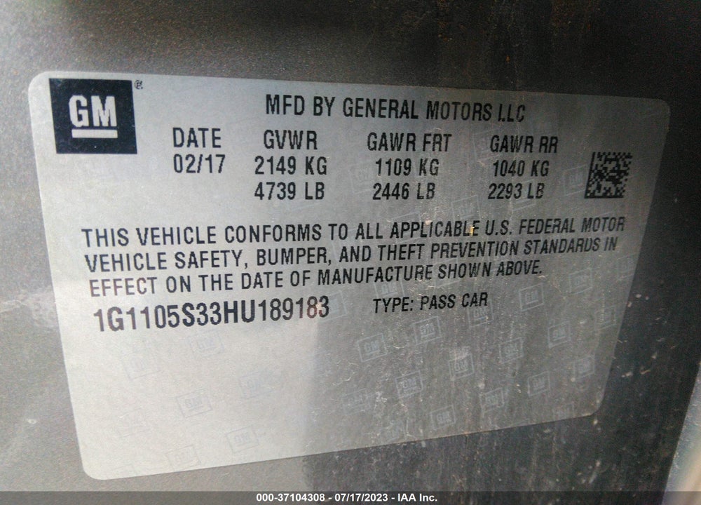 2017 CHEVROLET IMPALA VIN: 1G1105S33HU189183
