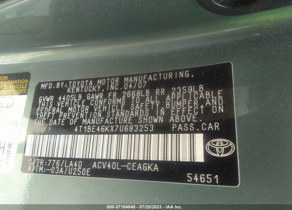 2007 TOYOTA CAMRY CE/XLE/SE/LE VIN: 4T1BE46KX7U683253