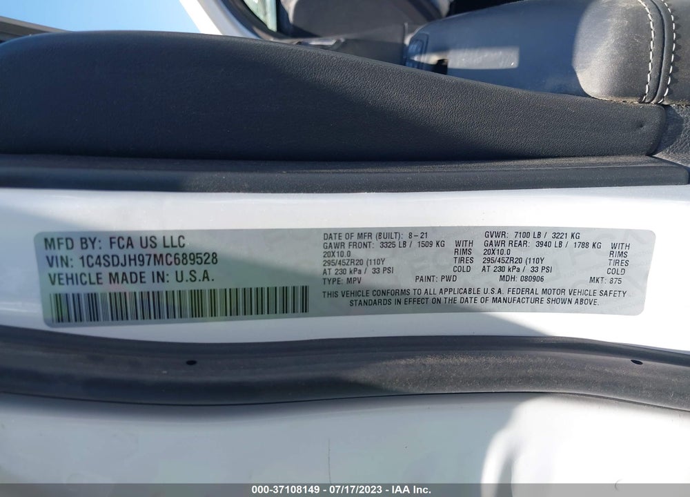 2021 DODGE DURANGO SRT HELLCAT AWD VIN: 1C4SDJH97MC689528