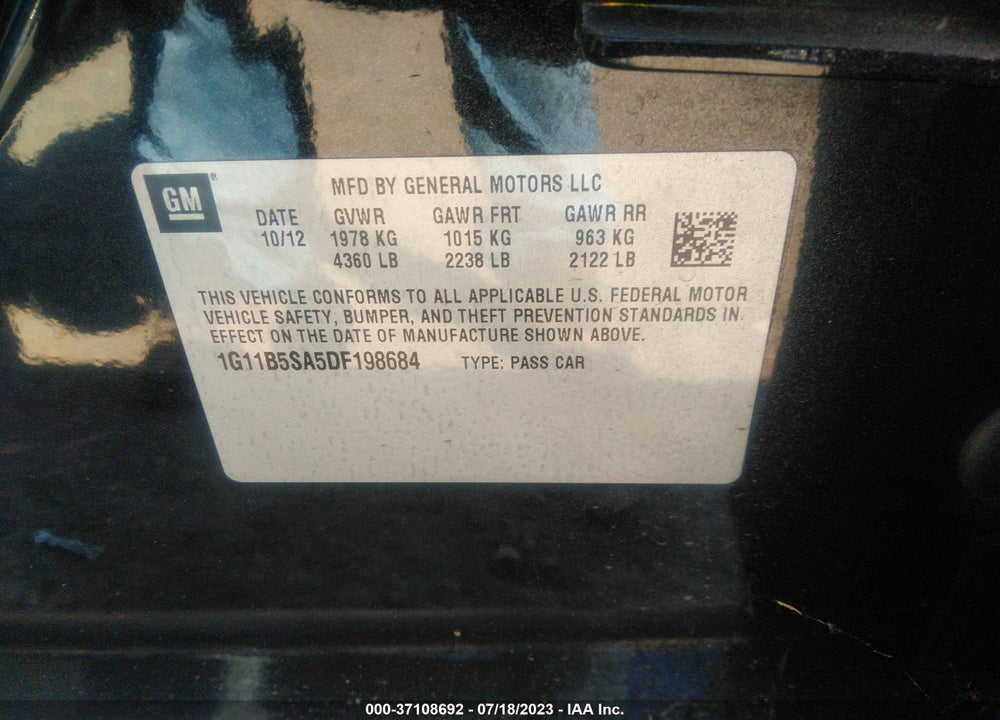 2013 CHEVROLET MALIBU 1LS VIN: 1G11B5SA5DF198684