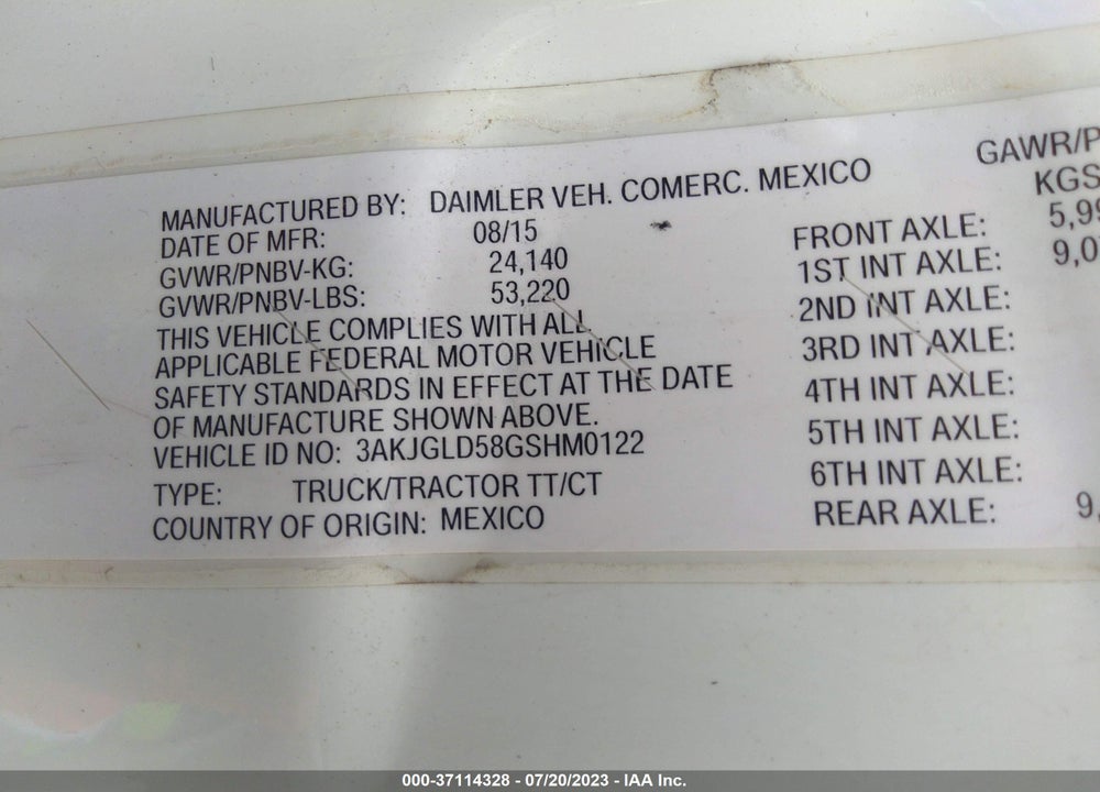 2016 FREIGHTLINER CASCADIA 125 VIN: 3AKJGLD58GSHM0122