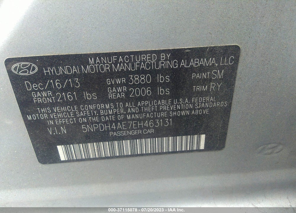 2014 HYUNDAI ELANTRA LIMITED VIN: 5NPDH4AE7EH463131