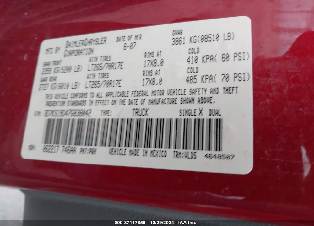 2007 DODGE RAM 1500 LARAMIE VIN: 3D7KS19D47G838042