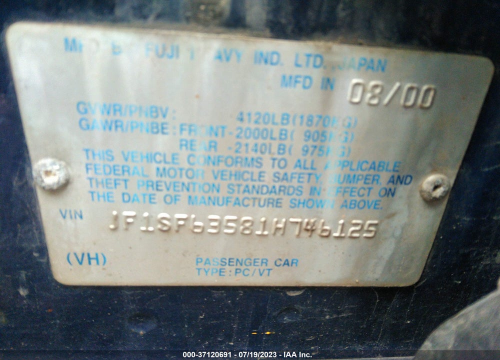 2001 SUBARU FORESTER L VIN: JF1SF63581H746125