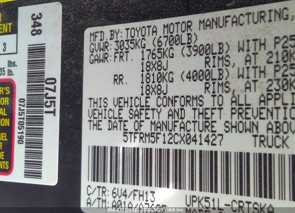 2012 TOYOTA TUNDRA 2WD TRUCK VIN: 5TFRM5F12CX041427