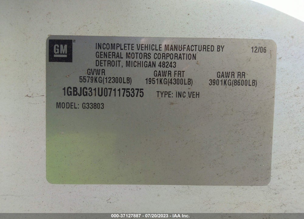 2007 CHEVROLET EXPRESS CUTAWAY WORK VAN VIN: 1GBJG31U071175375