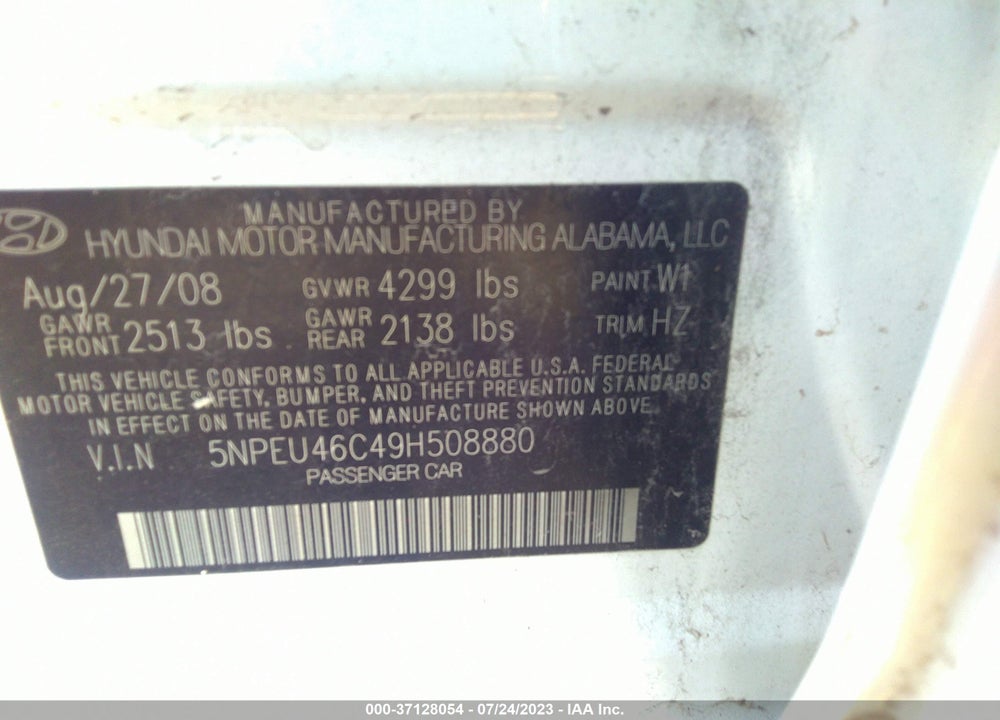 2009 HYUNDAI SONATA SE VIN: 5NPEU46C49H508880