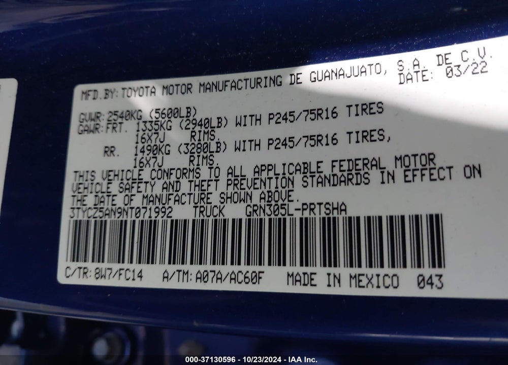 2022 TOYOTA TACOMA SR5 V6 VIN: 3TYCZ5AN9NT071992