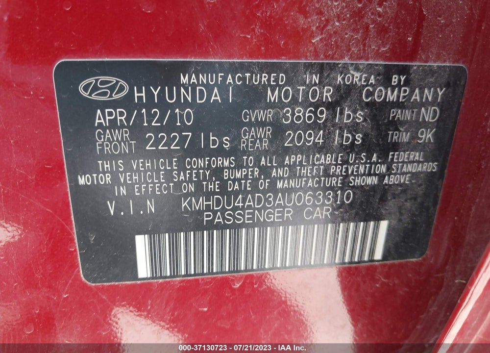 2010 HYUNDAI ELANTRA VIN: KMHDU4AD3AU063310