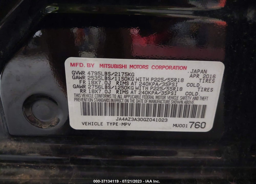 2016 MITSUBISHI OUTLANDER ES VIN: JA4AZ3A30GZ041023