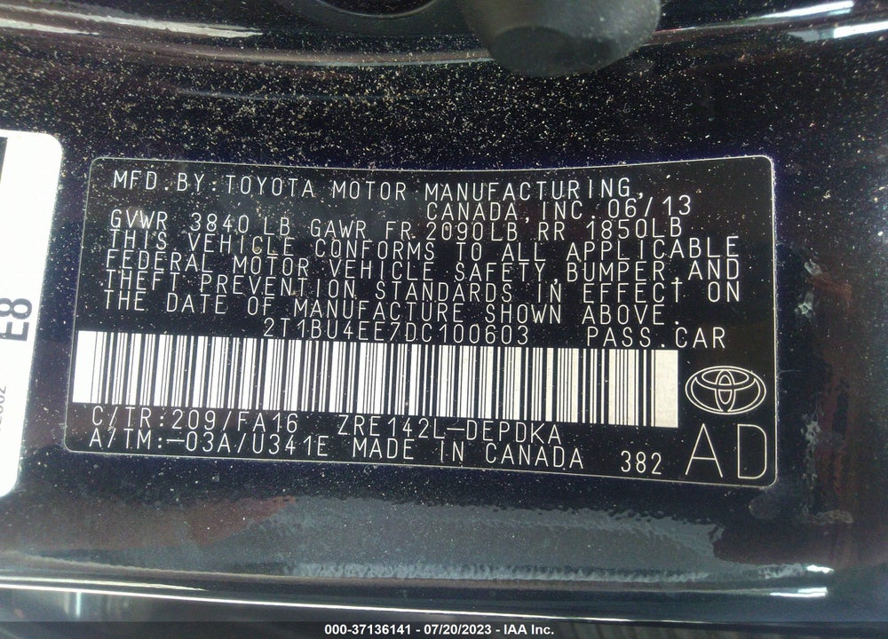 2013 TOYOTA COROLLA L VIN: 2T1BU4EE7DC100603