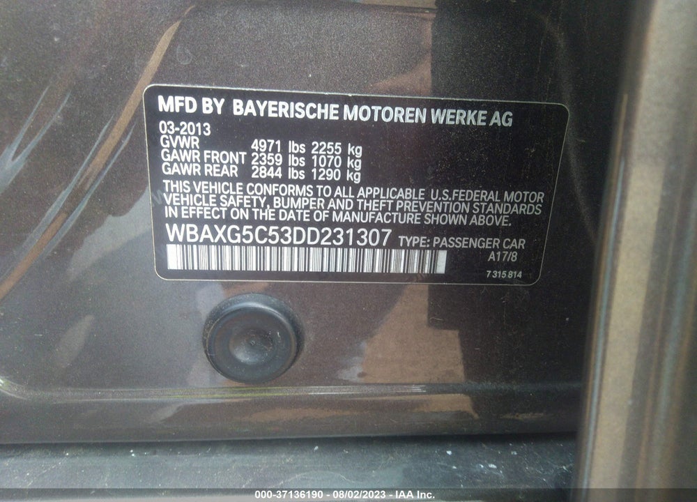 2013 BMW 528I VIN: WBAXG5C53DD231307