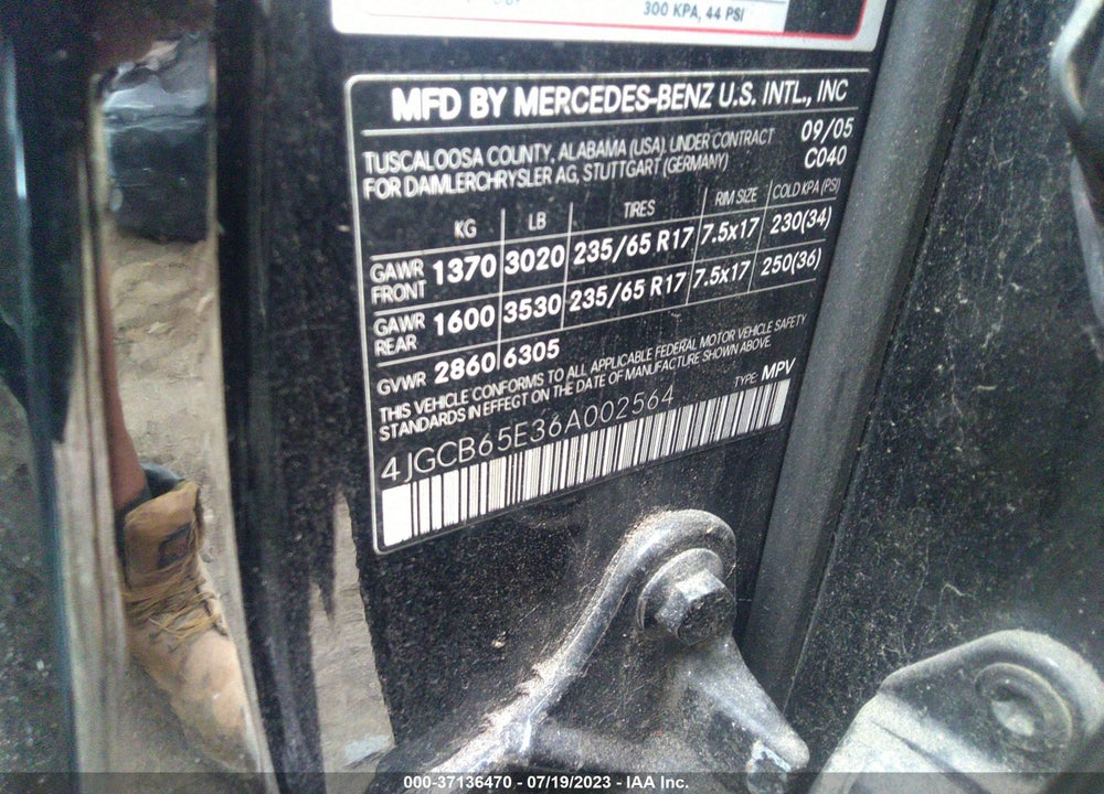 2006 MERCEDES-BENZ R 350 VIN: 4JGCB65E36A002564