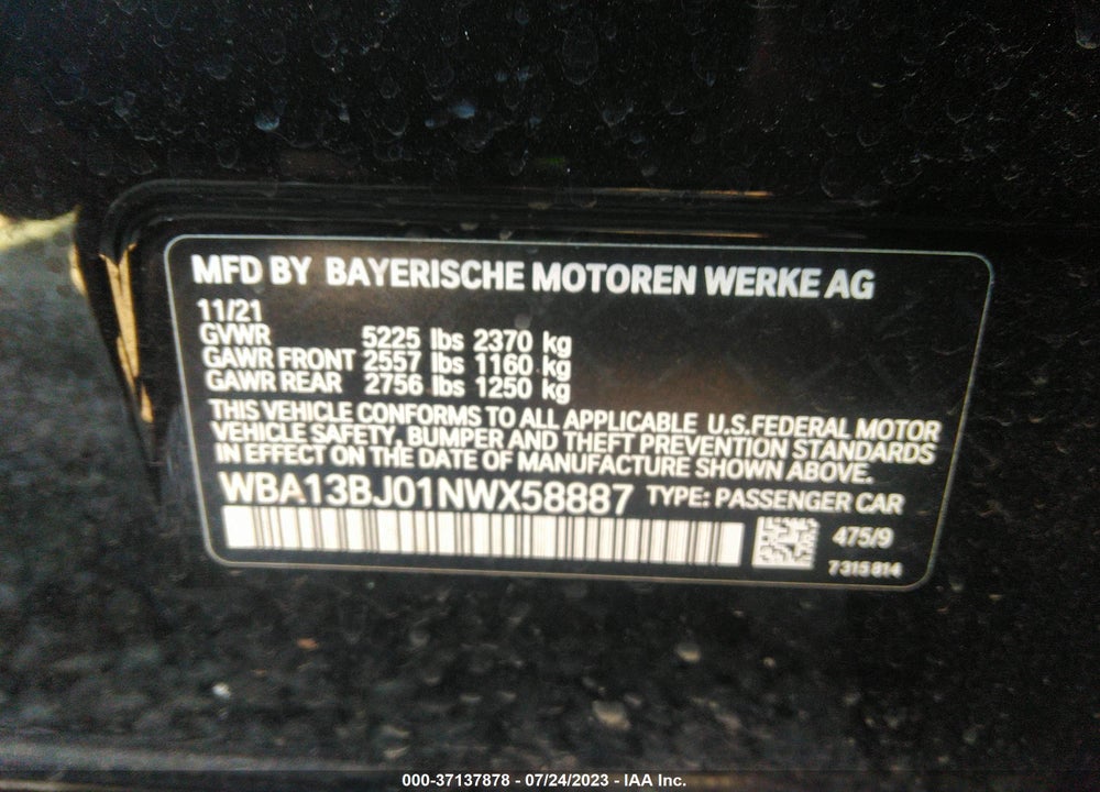 2022 BMW 530I XDRIVE VIN: WBA13BJ01NWX58887