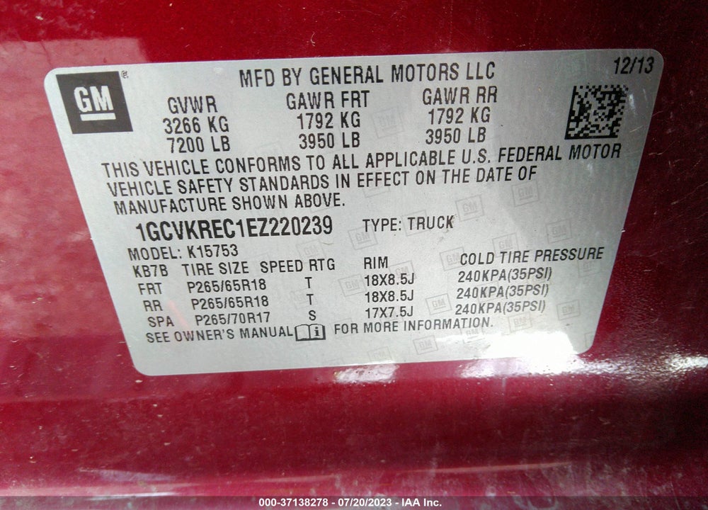2014 CHEVROLET SILVERADO 1500 VIN: 1GCVKREC1EZ220239