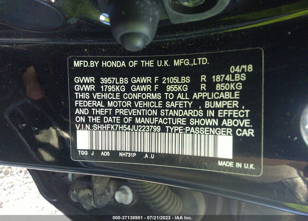 2018 HONDA CIVIC EX VIN: SHHFK7H54JU223799