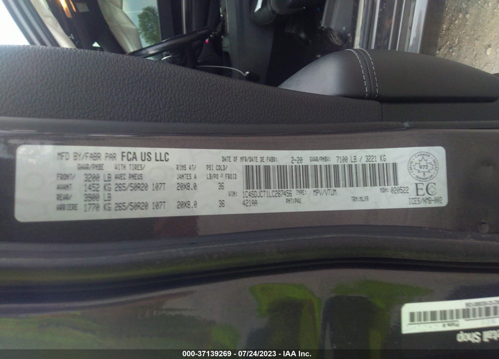 2020 DODGE DURANGO R/T VIN: 1C4SDJCT1LC287456