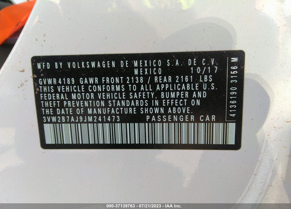 2018 VOLKSWAGEN JETTA 1.4T S VIN: 3VW2B7AJ9JM241473