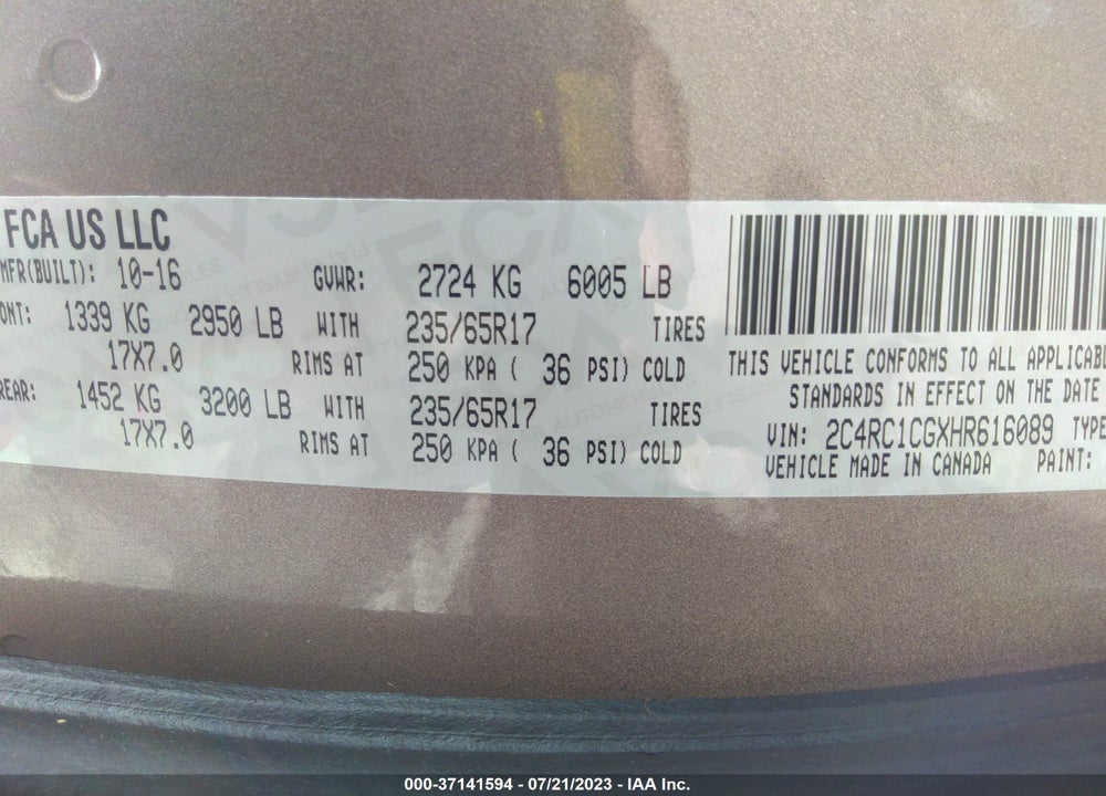 2017 CHRYSLER PACIFICA LX VIN: 2C4RC1CGXHR616089