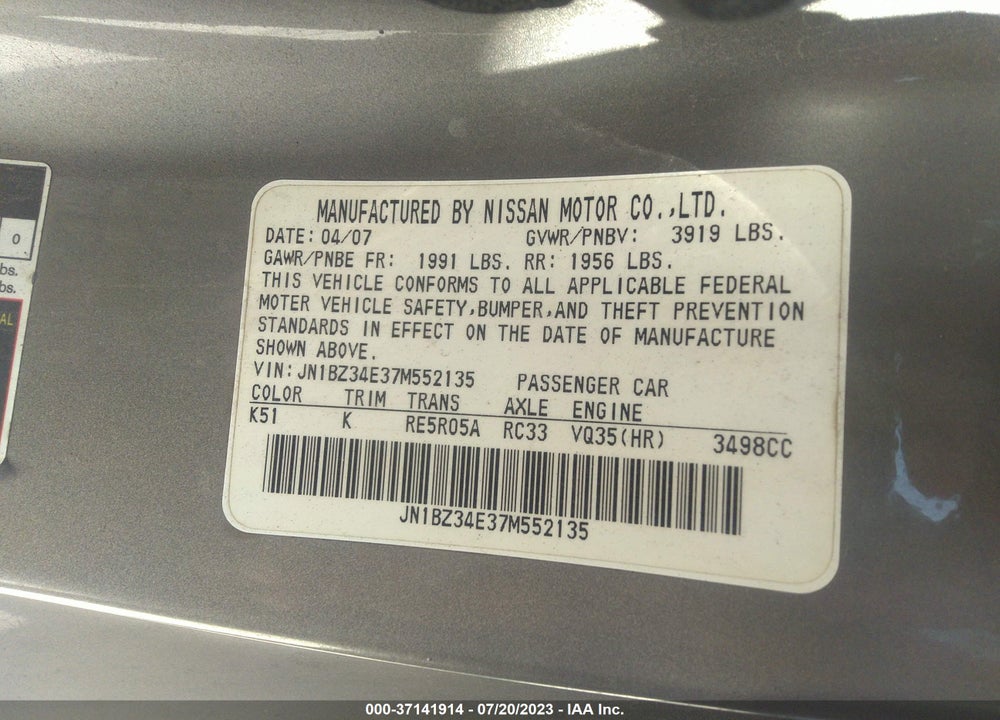 2007 NISSAN 350Z TOURING VIN: JN1BZ34E37M552135