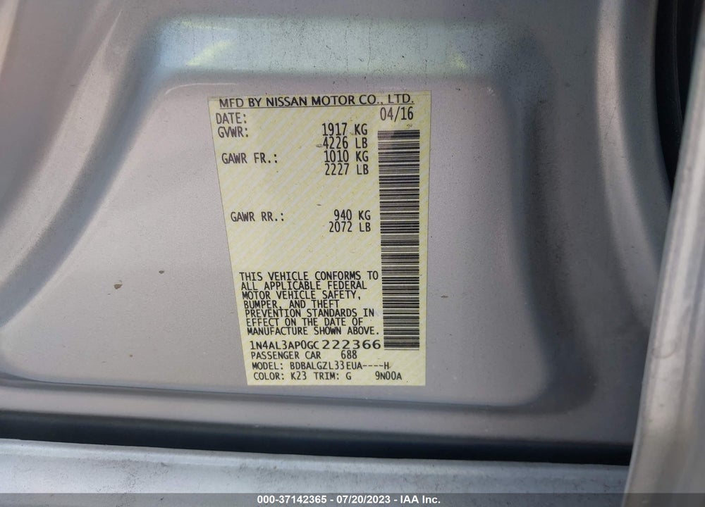2016 NISSAN ALTIMA 2.5 S VIN: 1N4AL3AP0GC222366