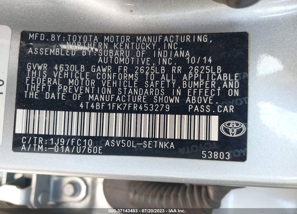 2015 TOYOTA CAMRY LE VIN: 4T4BF1FK7FR453279