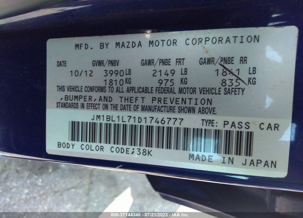 2013 MAZDA 3 I TOURING VIN: JM1BL1L71D1746777