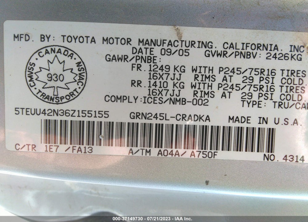 2006 TOYOTA TACOMA BASE V6 VIN: 5TEUU42N36Z155155