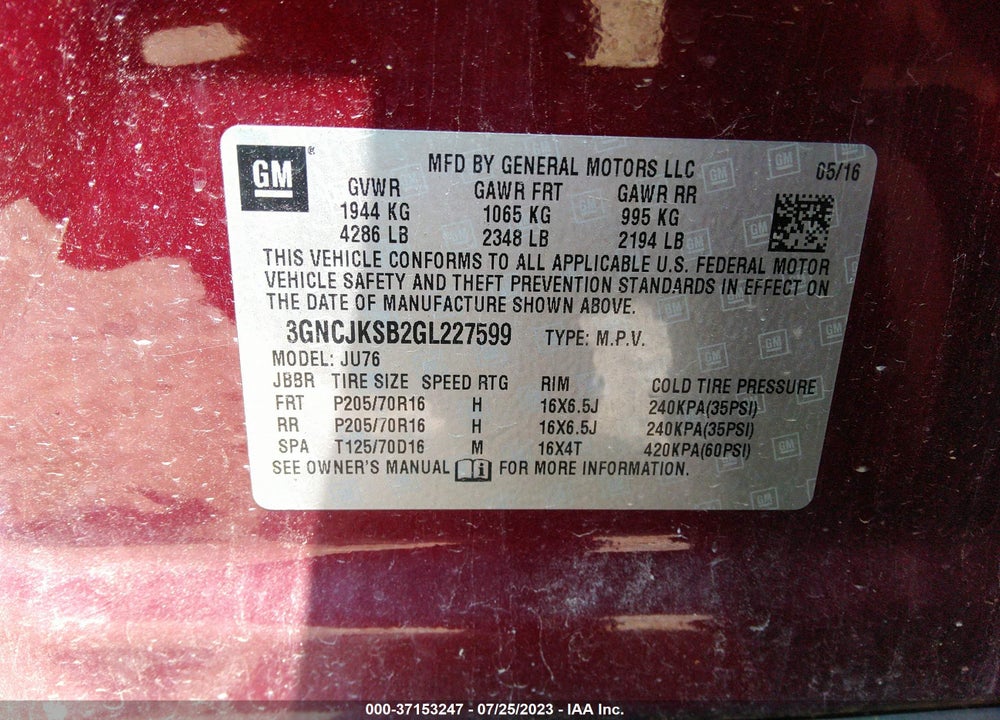 2016 CHEVROLET TRAX VIN: 3GNCJKSB2GL227599