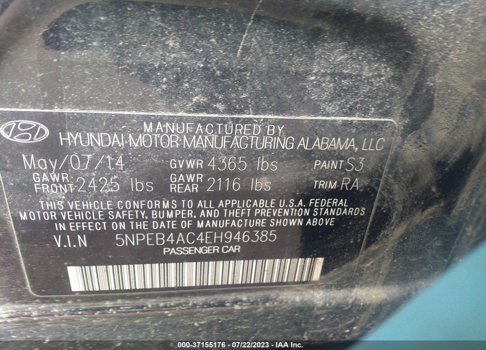 2014 HYUNDAI SONATA GLS VIN: 5NPEB4AC4EH946385
