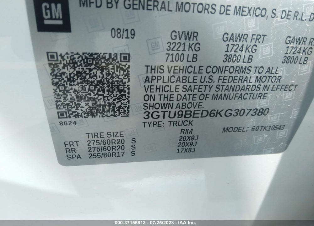 2019 GMC SIERRA 1500 SLE VIN: 3GTU9BED6KG307380