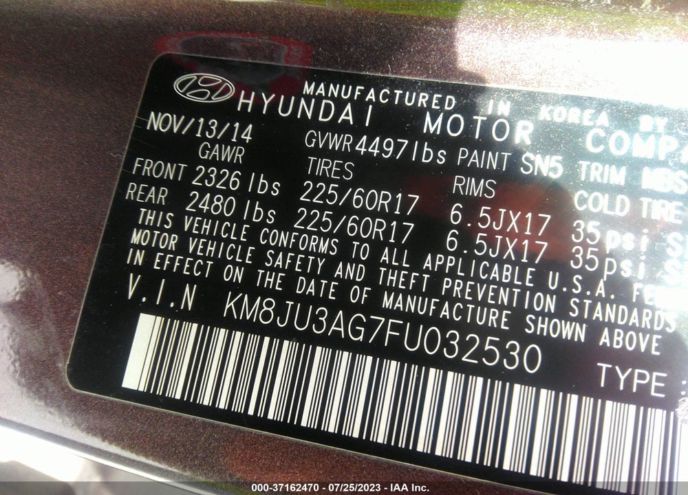 2015 HYUNDAI TUCSON SE VIN: KM8JU3AG7FU032530