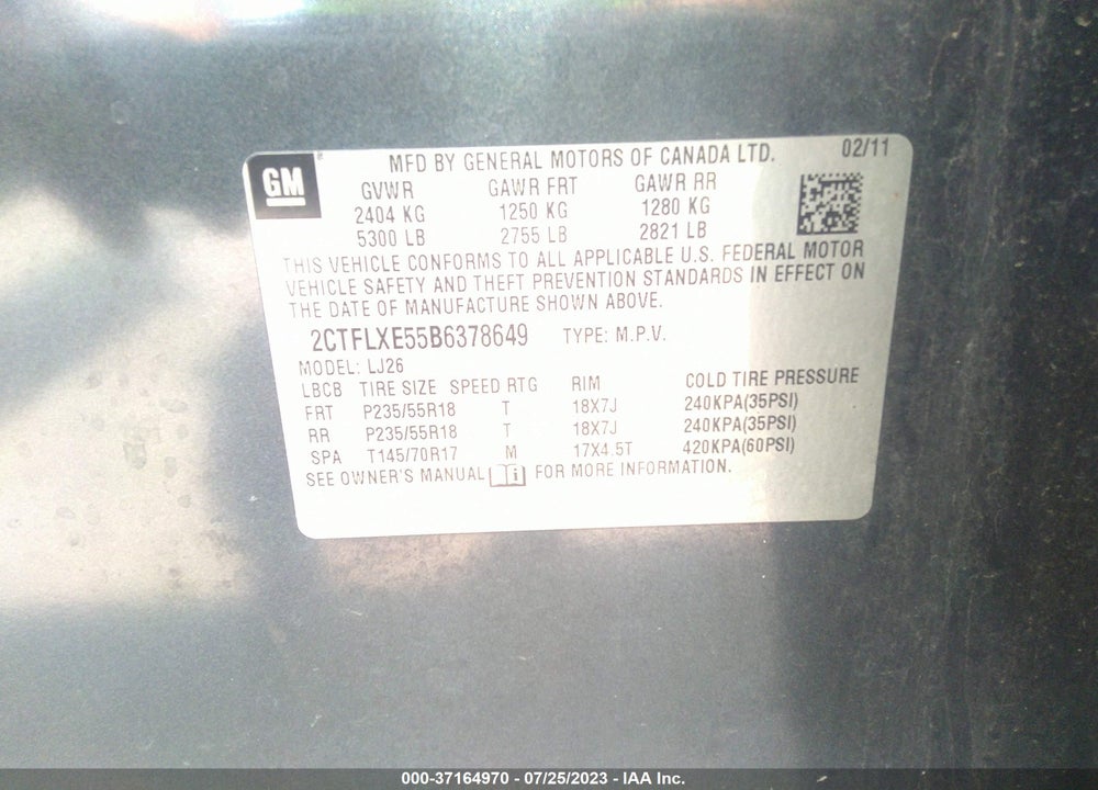 2011 GMC TERRAIN SLT-2 VIN: 2CTFLXE55B6378649