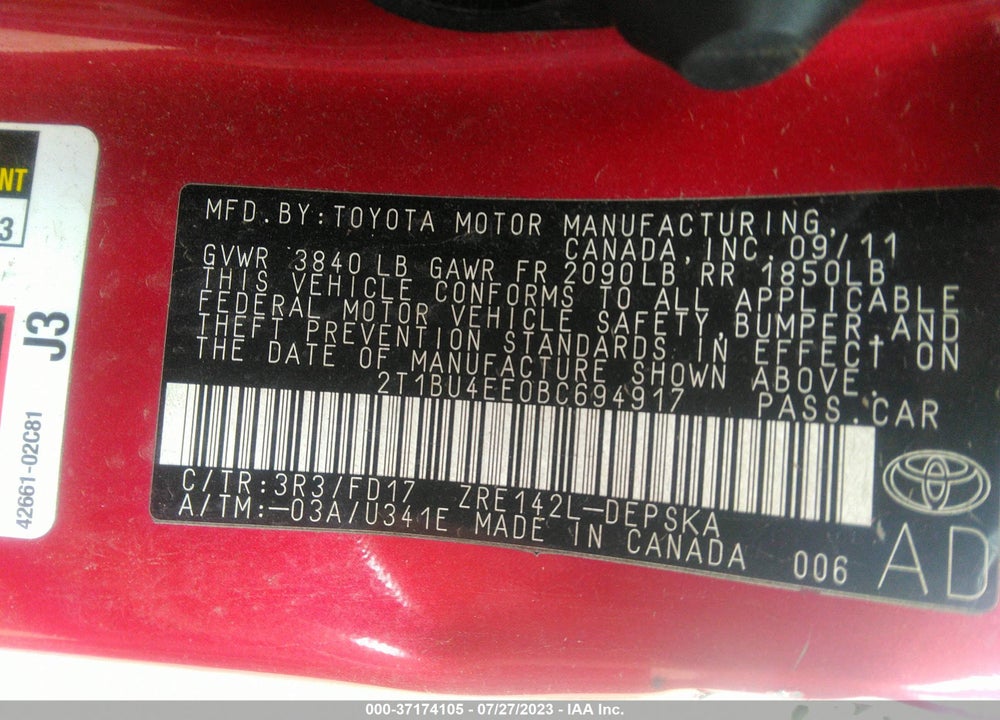 2011 TOYOTA COROLLA S VIN: 2T1BU4EE0BC694917