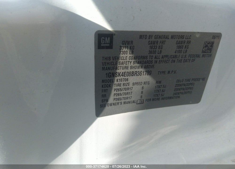 2011 CHEVROLET TAHOE COMMERCIAL FLEET VIN: 1GNSK4E08BR361789