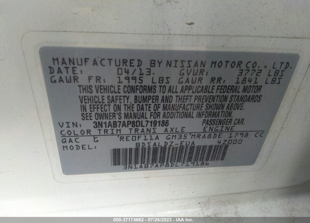 2013 NISSAN SENTRA SV VIN: 3N1AB7AP8DL719186