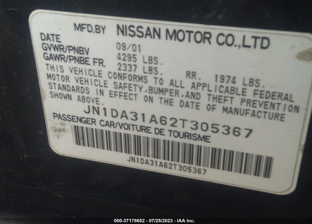 2002 NISSAN MAXIMA GLE VIN: JN1DA31A62T305367