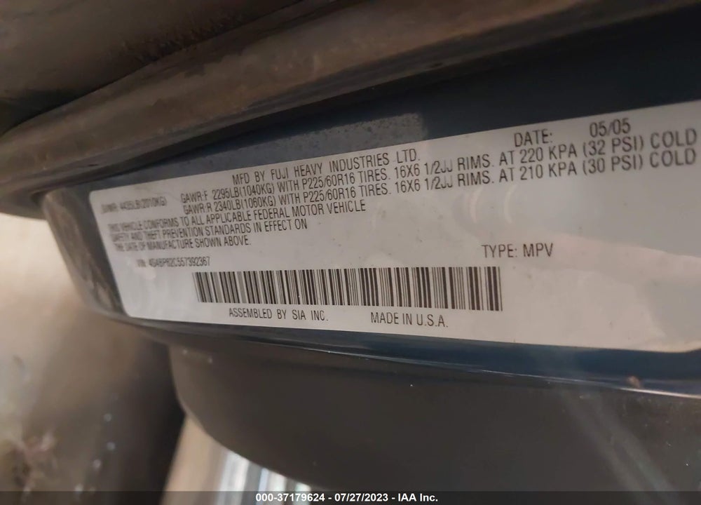 2005 SUBARU OUTBACK 2.5I LIMITED VIN: 4S4BP62C557392367