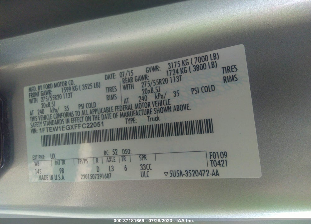 2015 FORD F-150 PLATINUM VIN: 1FTEW1EGXFFC22051