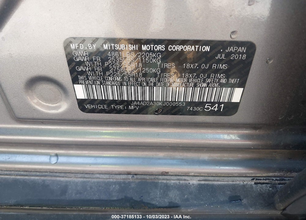 2019 MITSUBISHI OUTLANDER ES VIN: JA4AD2A30KJ000553