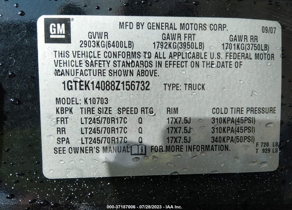 2008 GMC SIERRA 1500 SLE1 VIN: 1GTEK14088Z156732