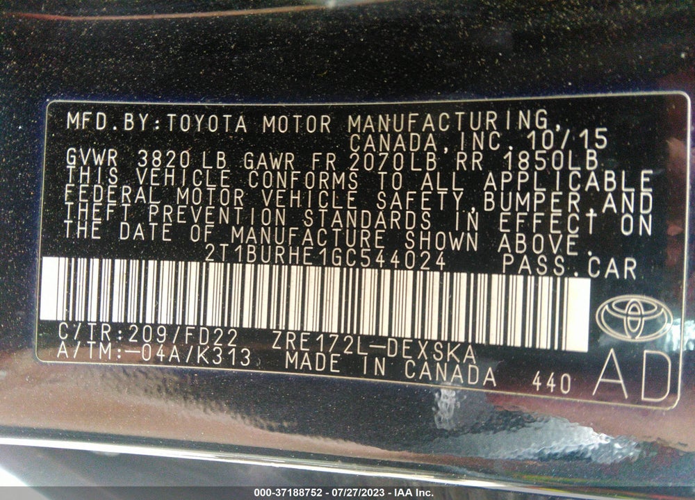 2016 TOYOTA COROLLA S VIN: 2T1BURHE1GC544024