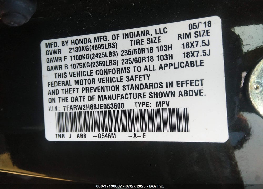 2018 HONDA CR-V EX-L/EX-L NAVI VIN: 7FARW2H88JE053600