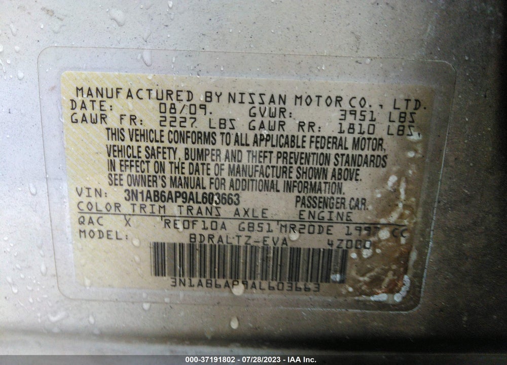2010 NISSAN SENTRA 2.0SR VIN: 3N1AB6AP9AL603663