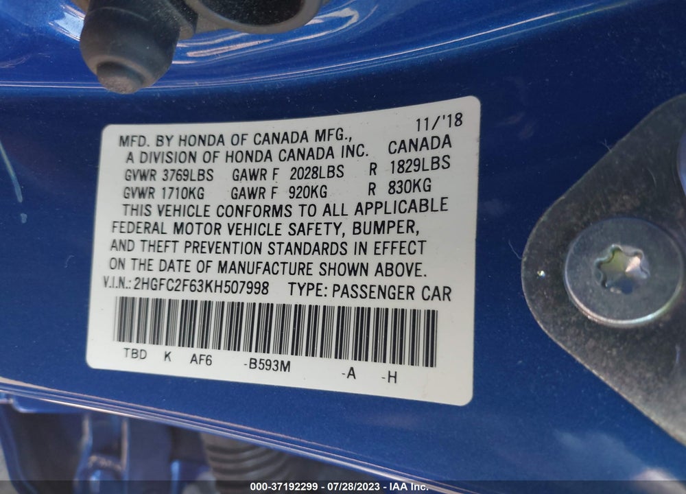 2019 HONDA CIVIC LX VIN: 2HGFC2F63KH507998