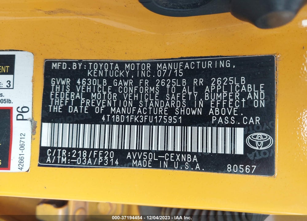 2015 TOYOTA CAMRY HYBRID LE VIN: 4T1BD1FK3FU175951