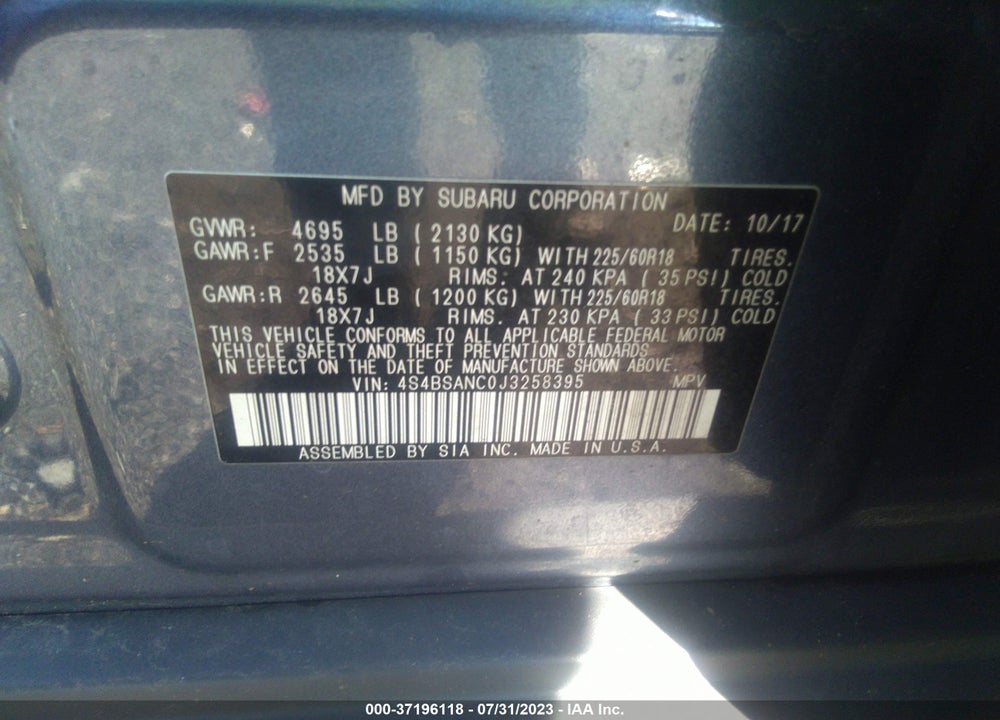 2018 SUBARU OUTBACK 2.5I LIMITED VIN: 4S4BSANC0J3258395