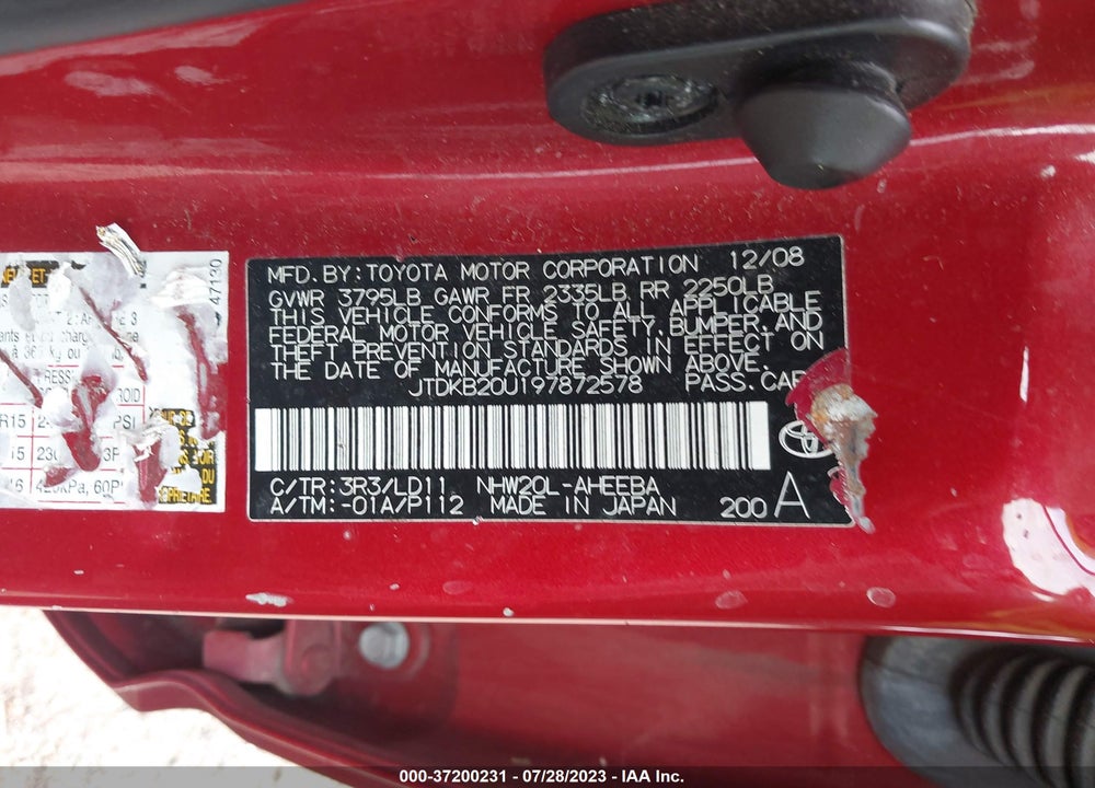 2009 TOYOTA PRIUS VIN: JTDKB20U197872578
