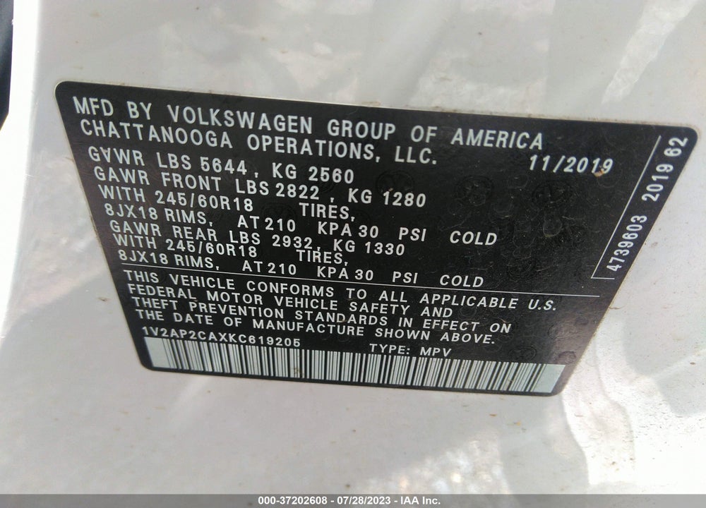 2019 VOLKSWAGEN ATLAS VIN: 1V2AP2CAXKC619205